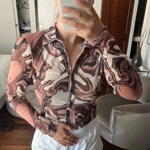 Stradivarius Abstract Swirl Button Down Shirt - Brown and Cream